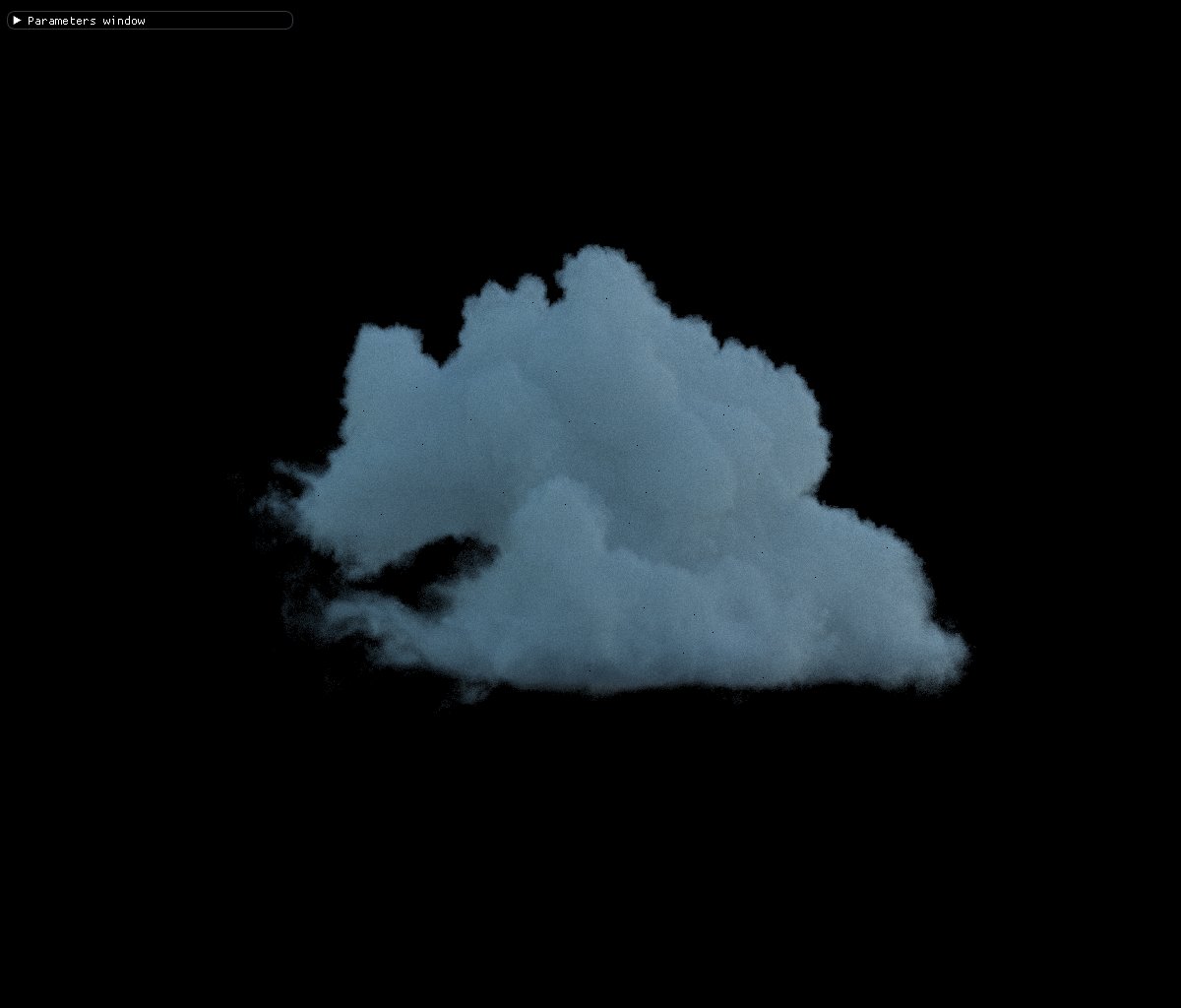 Cloud rendered with sky light only.
100 ray depth, 100 spp, isotropic phase function ~10m, tr depth 2.0